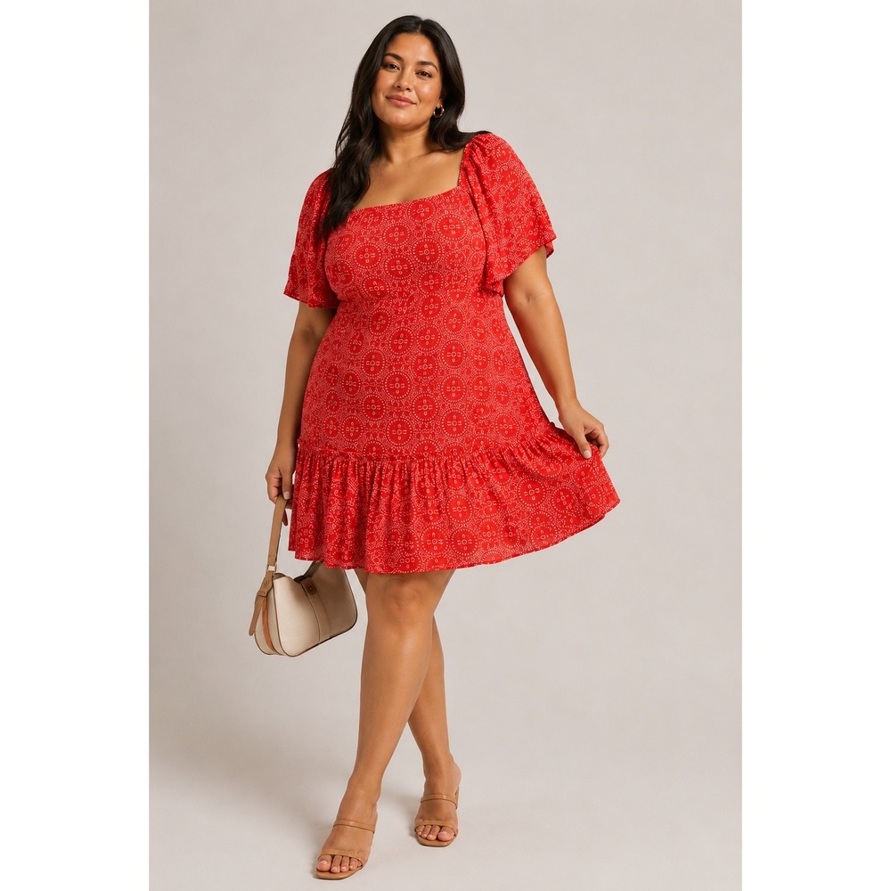 Maeve Anthropologie NWT Red Medallion Print Open Back Ruffle Mini Dress 2X Plus